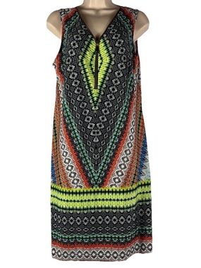 Chelsea & Theodore Neon Green, Orange & Blue V-Neck Zip Sleeveless Mini Dress